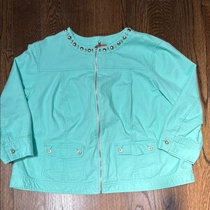 Hearts of Palm Blue and Green Utility Jacket with Decorative Neckline